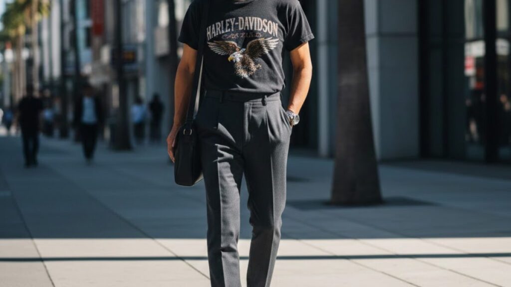 洗練されたスラックスとハーレーダビッドソンの古着のTシャツを組み合わせた、大人のアメカジスタイル。都会的な街並みに馴染む、武骨さと綺麗め感の絶妙なバランス。