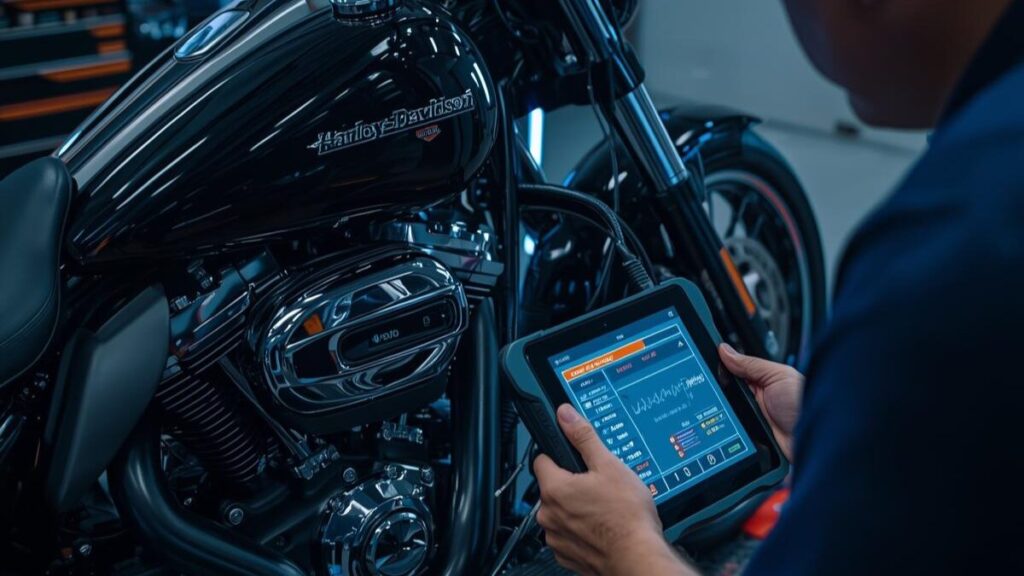 燃調チューニングによってエンジンを保護し、理想的なハーレーマフラーの重低音のおすすめの響きを追求する整備工場の光景。