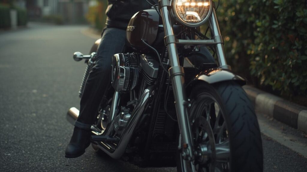 住宅街での騒音に配慮しつつハーレーマフラーの重低音のおすすめを楽しめる、可変バルブ付きマフラーを装着したバイクの走行シーン。