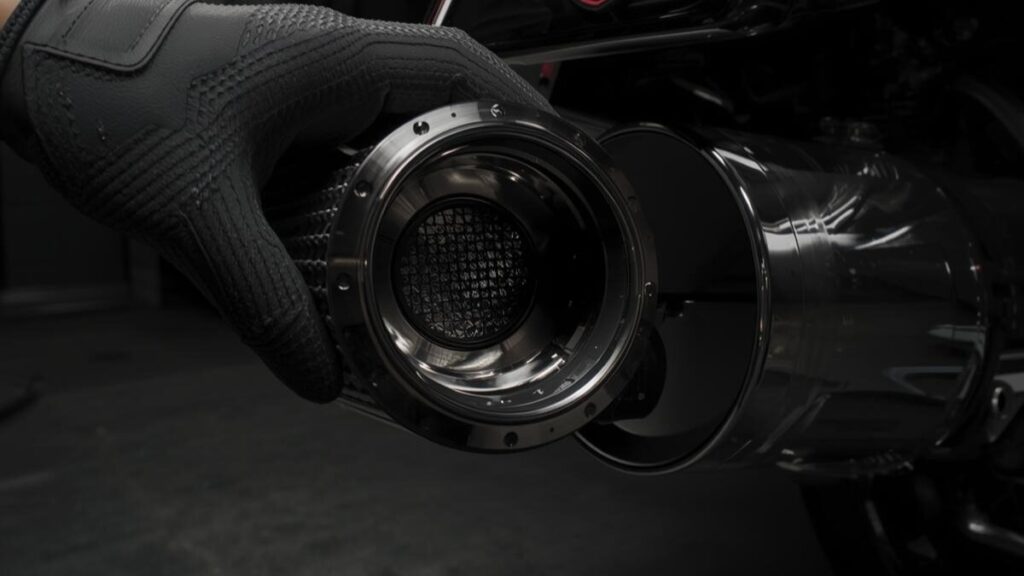 音量と音質のバランスを調整し、自分好みのハーレーマフラーの重低音のおすすめサウンドを作るためにバッフルを検討する様子。