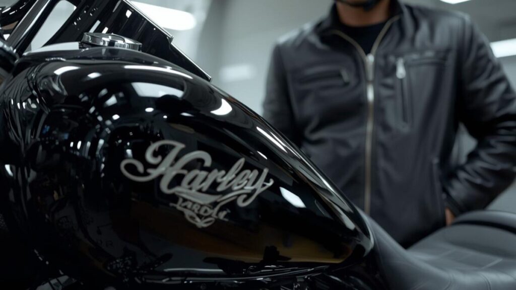 熟練のライダーがカスタムショップで愛車を見つめる様子。ハーレーのタンク塗装料金や相場を検討する際に参考となる、プロによる美しい仕上がりのイメージ。