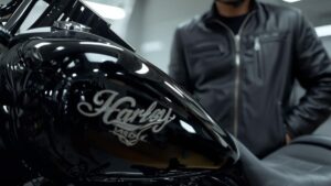 熟練のライダーがカスタムショップで愛車を見つめる様子。ハーレーのタンク塗装料金や相場を検討する際に参考となる、プロによる美しい仕上がりのイメージ。