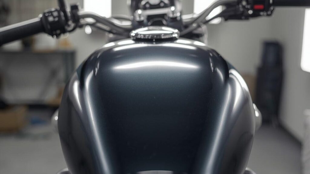 ショップで美しく塗り替えられたバイクの燃料タンク。ハーレーのタンク塗装料金の目安を知るための、単色塗りから専門店クオリティまでの施工事例を想起させる一枚。