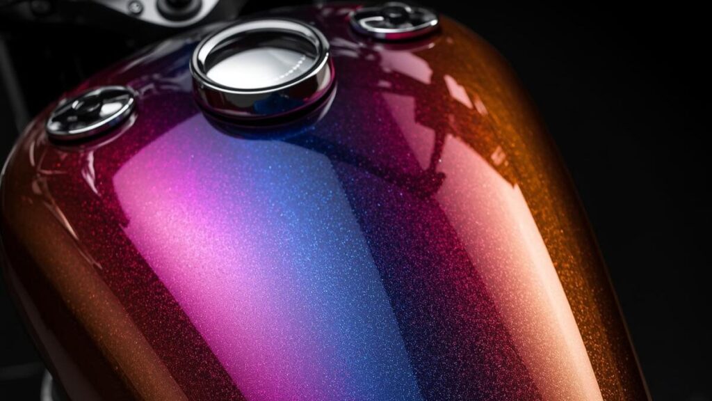 特殊な塗料で奥行きのある輝きを放つバイクタンクの接写。ハーレーのタンク塗装料金に影響する、キャンディペイントやパールの質感の違いを視覚的に表現しています。