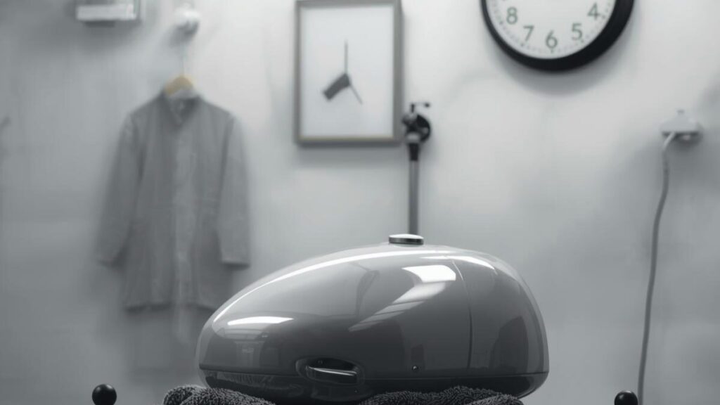 塗装ブースでじっくりと乾燥を待つバイクのパーツ。ハーレーのタンク塗装料金に見合う、数週間の納期をかけて丁寧に仕上げるプロの工程をイメージした写真。