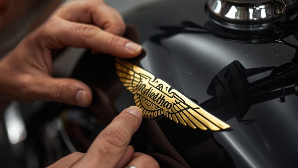 燃料タンクに純正ロゴのデカールを慎重に配置する職人の手元。ハーレーのタンク塗装料金の内訳となる、ロゴ再現や中研ぎといった細かな技術作業を説明する画像。