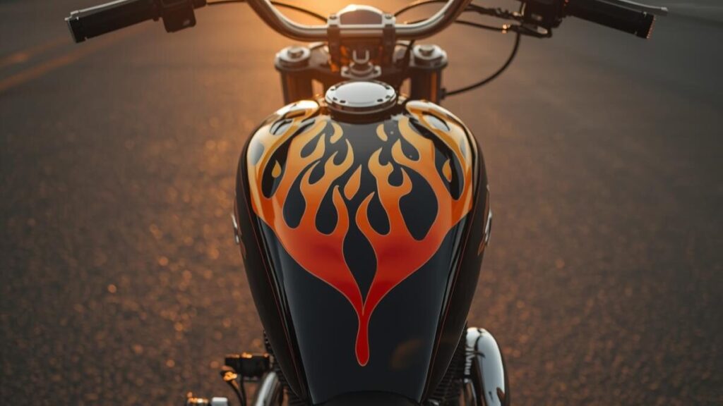 夕暮れの街角で個性を放つカスタムペイントのバイク。ハーレーのタンク塗装料金をかけて実現する、フレイムスなどの独創的なデザインで愛車を彩る楽しみを表現。