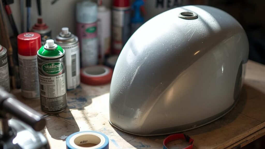 自宅ガレージで塗装の準備を進める様子。ハーレーのタンク塗装料金を抑えるためのDIYに伴う、耐ガソリン性の確保や仕上がりのリスクについて検討するシーン。