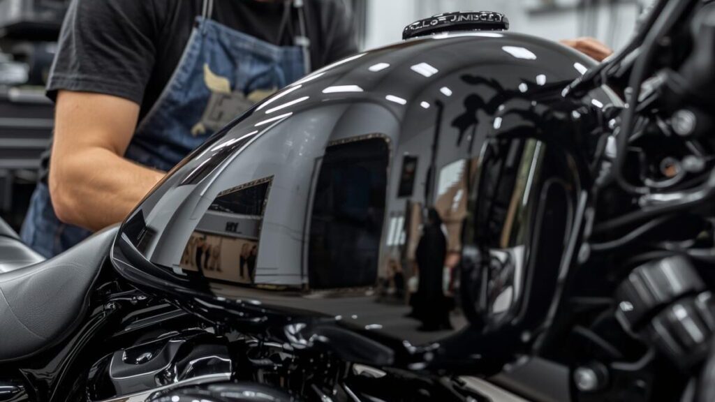 プロの職人が丁寧に仕上げた光沢のあるバイク用タンク。高い技術力を持つ専門店にハーレーのタンク塗装料金を支払うメリットを象徴する、信頼感のある作業風景。