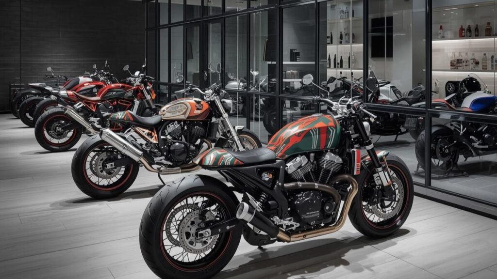 都心の洗練されたカスタムショップに並ぶ美しい塗装のバイク。東京エリアでハーレーのタンク塗装料金やクオリティに納得できる評判の良い店を探す際のイメージ画像。