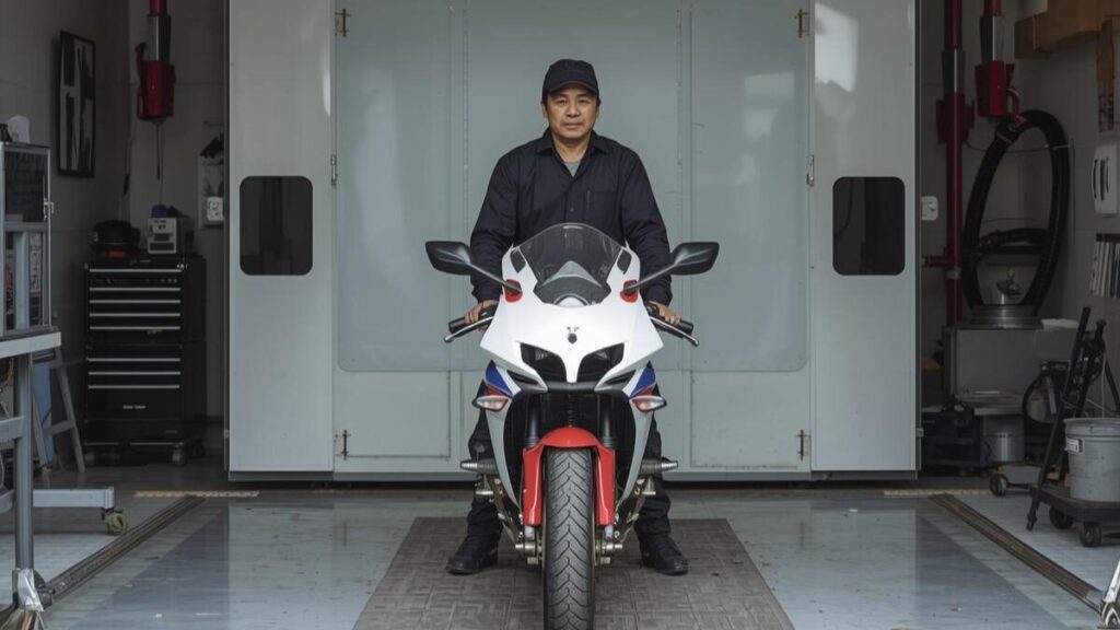 充実した設備が整った埼玉の塗装工房で作業を待つバイクパーツ。実力派の施工店でハーレーのタンク塗装料金を見積もる際の参考となる、プロフェッショナルな現場風景。