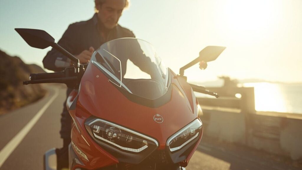 夏場のオーバーヒート対策を解説する画像。日差しの強い屋外で冷却系を確認する様子。MVアグスタは壊れるリスクを未然に防ぐための予防整備のイメージ。