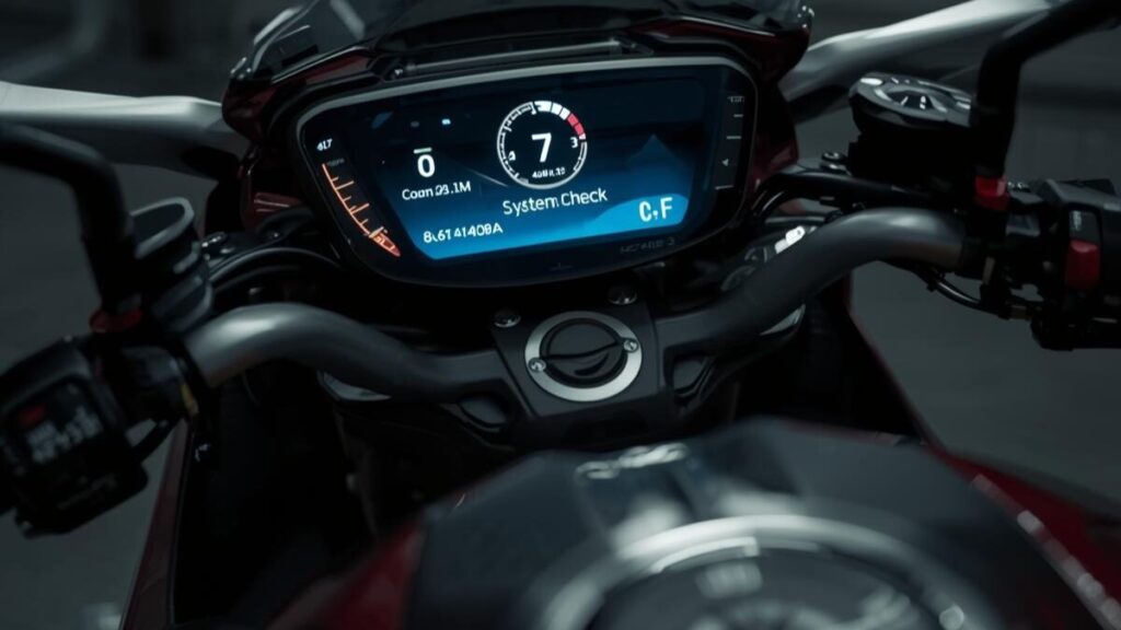 電装系トラブルの管理方法を説明する画像。MVアグスタは壊れる一因となる電圧低下を防ぐため、ガレージで電子機器を適切に管理している様子。