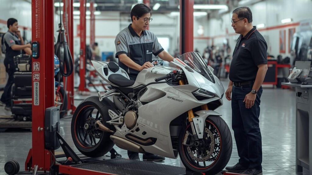 レッドバロンなどの身近なショップでの整備体制をイメージ。MVアグスタは壊れるリスクに備え、サポートの実態や点検の様子を確認するシーン。