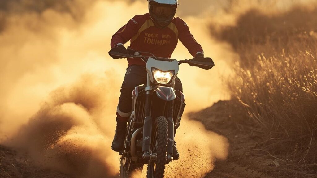 朝靄のダートコースを軽快に駆け抜けるトライアンフ250ccの新型モデル。伝統あるブランドが放つ本格オフロードマシンの力強い走行シーンを捉えています。