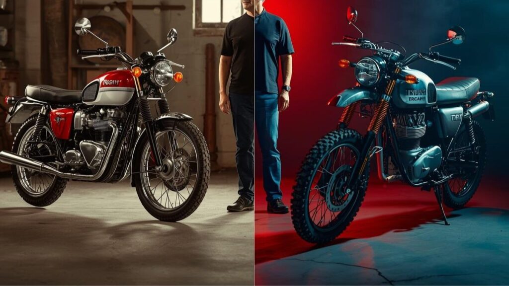 歴史的なタイガーカブと最新のトライアンフ250ccを並べた新旧の対比。小排気量プレミアムという伝統が、現代の技術で蘇ったことを象徴する情緒的な一枚。