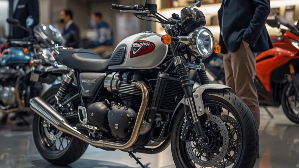 正規販売店の洗練された空間に展示されたトライアンフ250cc。高品質な標準装備に見合う価格設定と、プレミアムな所有欲を満たすブランドの世界観を表現しています。