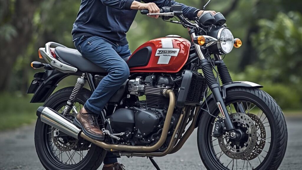 軽量な車体で取り回しの良さを感じさせるトライアンフ250cc。シート高と軽さのバランスを、ベテランライダーが実際に操作する様子を通じて分かりやすく視覚化しています。