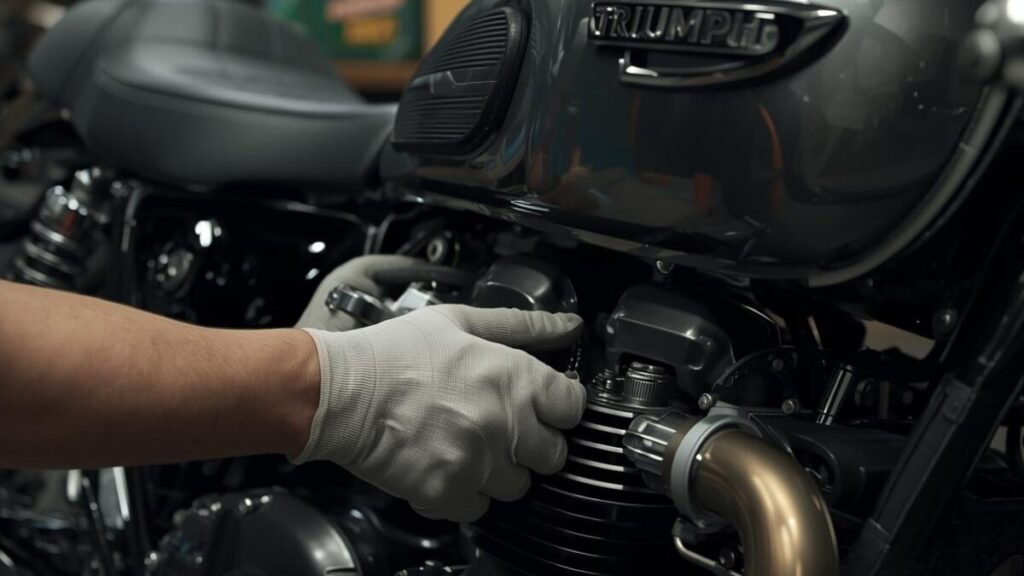 専用ガレージで丁寧な点検を受けるトライアンフ250cc。競技用モデル特有の頻繁なメンテナンスや消耗品の管理を象徴する、プロフェッショナルな整備光景。