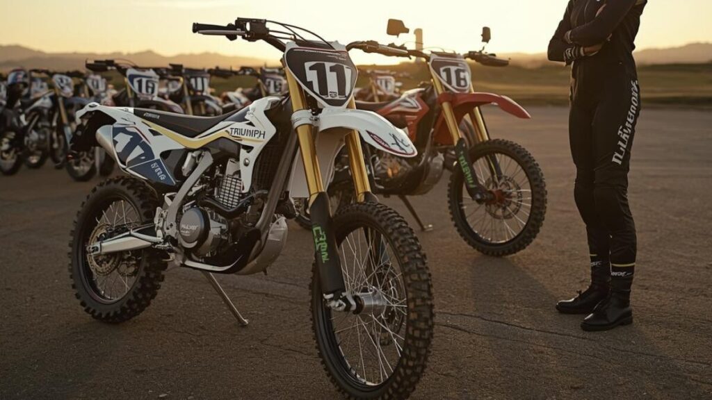 ライバル車が並ぶコースで際立つトライアンフ250ccの質感。国産車や欧州他社モデルと比較しても見劣りしない、豪華な標準装備とブランドの気品を描写しています。