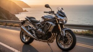 美しい海岸沿いに停められた高級バイクの風景。ZuttoRide Clubの盗難保険に関する補償や免責の解説イメージです。
