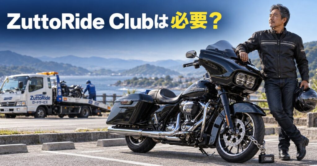 ツーリングバイクとロードサービス車を背景に、ZuttoRide Clubへの加入を検討する50代の日本人ライダー