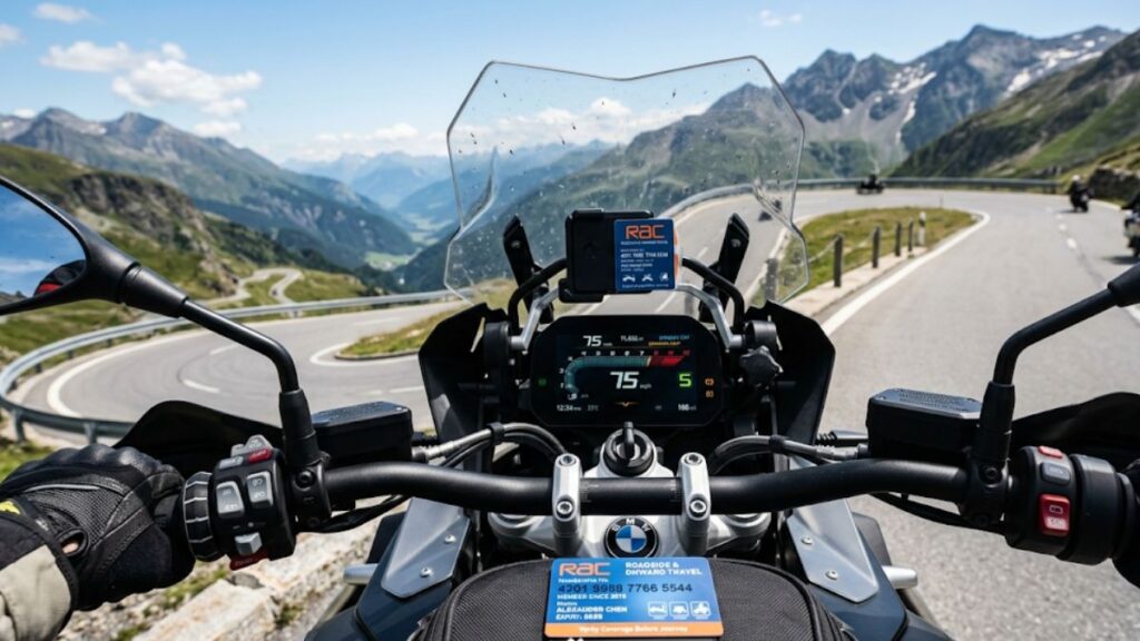 ZuttoRide Clubのロードサービス内容を事前に確認するため、ツーリング先のバイクのハンドル周りと会員証を捉えた、旅の安心感を伝える写真。