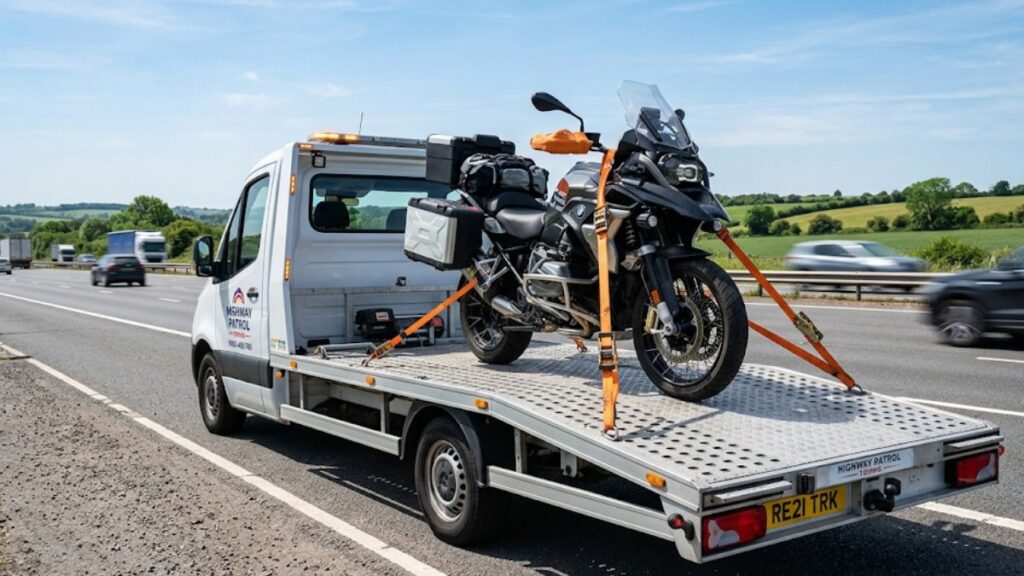 ZuttoRide Clubの規定に基づき、専用の積載車に固定されて安全に搬送されるバイク。レッカーの対応距離や条件を想起させるプロフェッショナルな構図。