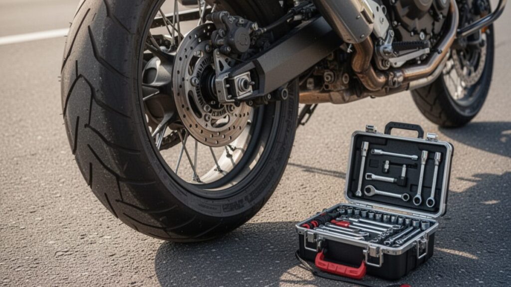 アスファルトに停められたバイクのリアタイヤと、傍らに置かれた工具キット。ZuttoRide Clubの盗難保険によるパンク応急対応と条件を示すイメージです。