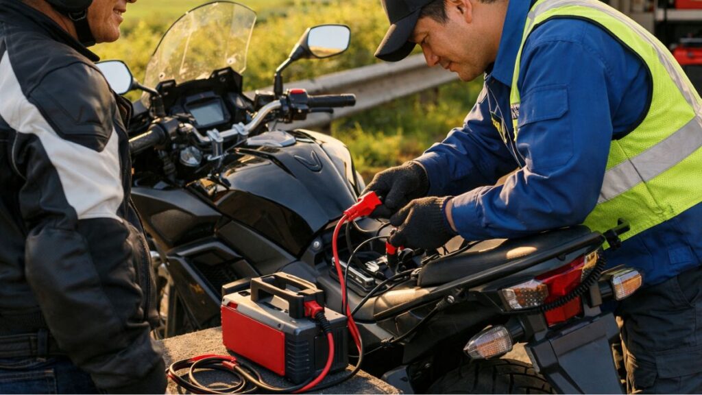 道路脇でバッテリー上がりの応急処置を受けるバイクと、それを見守る50代の男性。ZuttoRide Clubの現場対応サービスによる安心感をイメージ。
