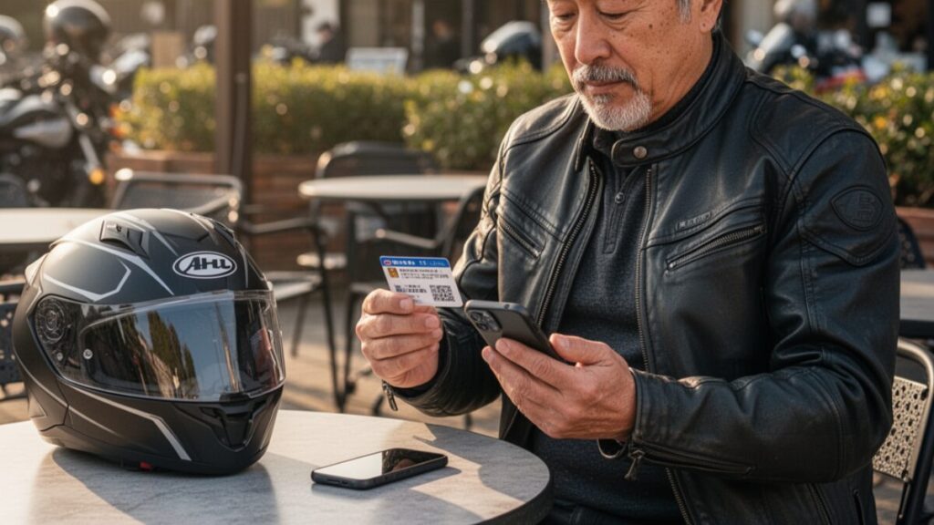 休憩所でヘルメットを傍らに置き、スマートフォンを確認する50代日本人ライダー。ZuttoRide Clubの盗難保険におけるツーリング故障時の対処イメージです。