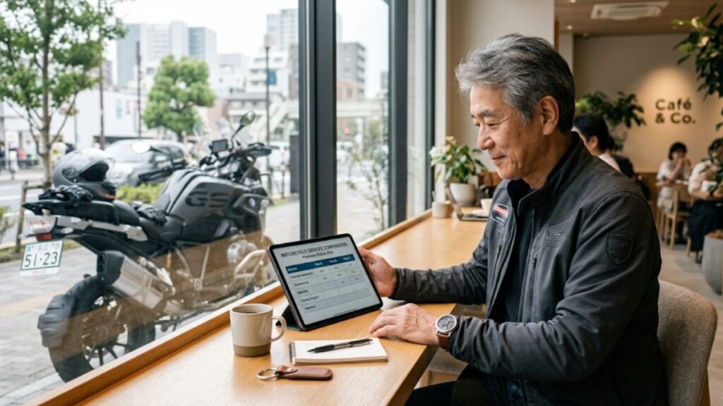 ZuttoRide Clubと任意保険やJAFの役割の違いを冷静に比較検討する、60代の日本人男性ライダーの様子。自分に最適な補償を選ぶシーンを表現。
