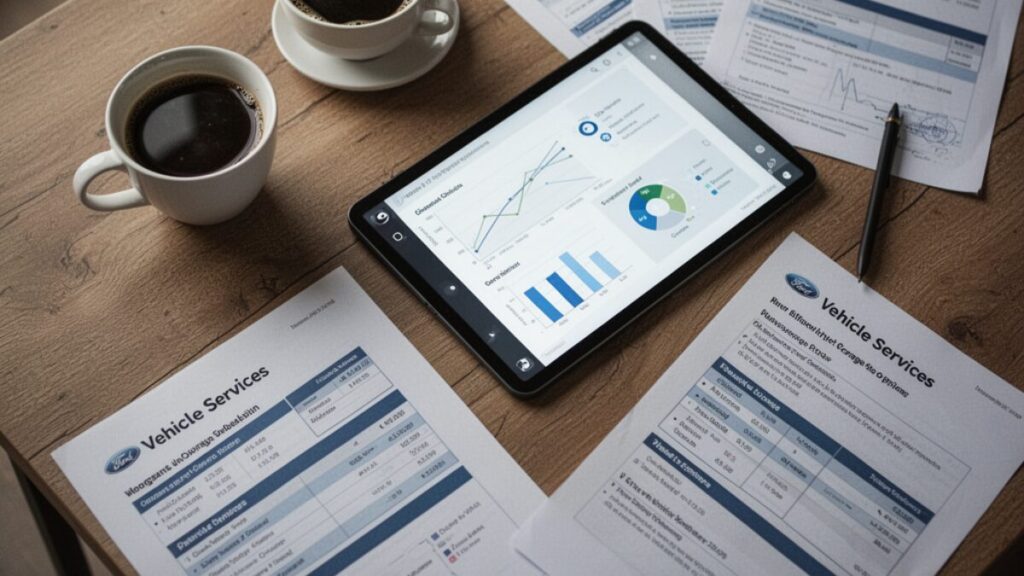 木製テーブルにタブレットや書類を広げ、サービス内容を比較検討している風景。ZuttoRide Clubの盗難保険と他社のロードサービスの違いを解説する画像です。