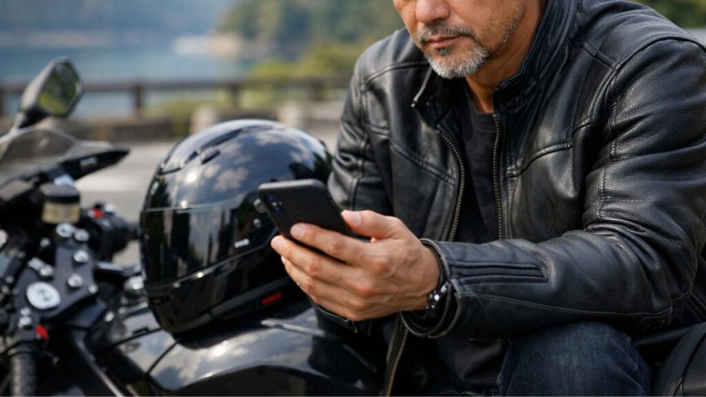 ネット上の情報を参考にしつつ、自身のバイクライフに合う条件を慎重に判断するZuttoRide Club検討中の男性。客観的な視点の重要性を伝えます。