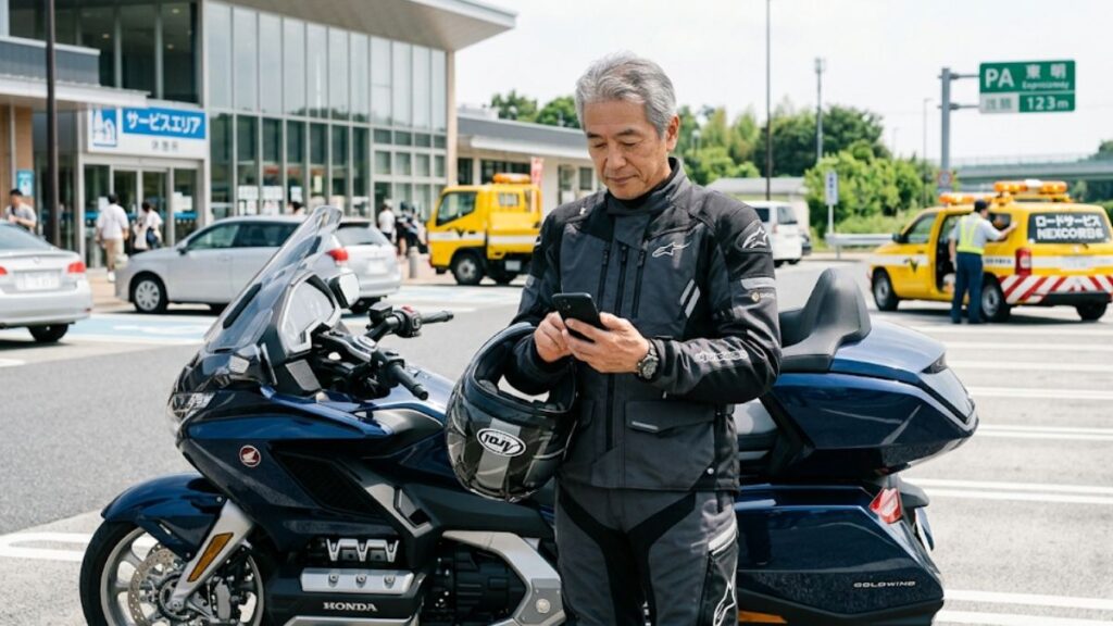 ZuttoRide Clubの全体像を表現した、ツーリングの休憩所でスマホを確認する60代日本人ライダー。背景に広がるサポート体制への信頼感を演出しています。