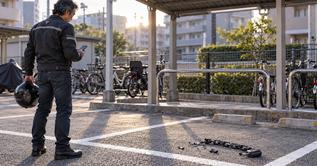 空になった駐輪スペースと切れたチェーンを前に、バイクの盗難に気づく50代の日本人ライダー