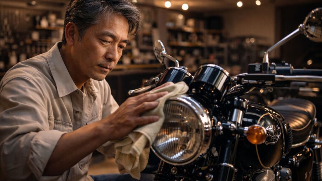 ZuttoRide Clubの利用が適している高額車オーナーをイメージ。ガレージで愛車を大切に手入れする50代の日本人男性と、美しいビンテージバイク。