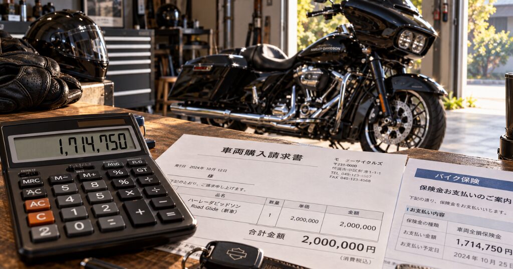 200万円のバイク購入額と171万4750円の保険金試算を示す電卓と書類、奥に停められたバイク