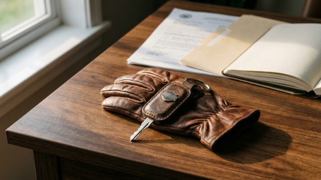 木製の机に置かれたバイクの鍵と革製グローブ、契約書類の風景。ZuttoRide Clubの盗難保険における適用条件や注意点を示すイメージです。