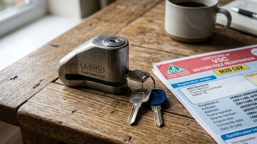 ZuttoRide Clubの契約時に確認が必要な書類と、物理的な防犯対策を象徴するディスクロック。補償条件を冷静に検討するシーンを想起させます。