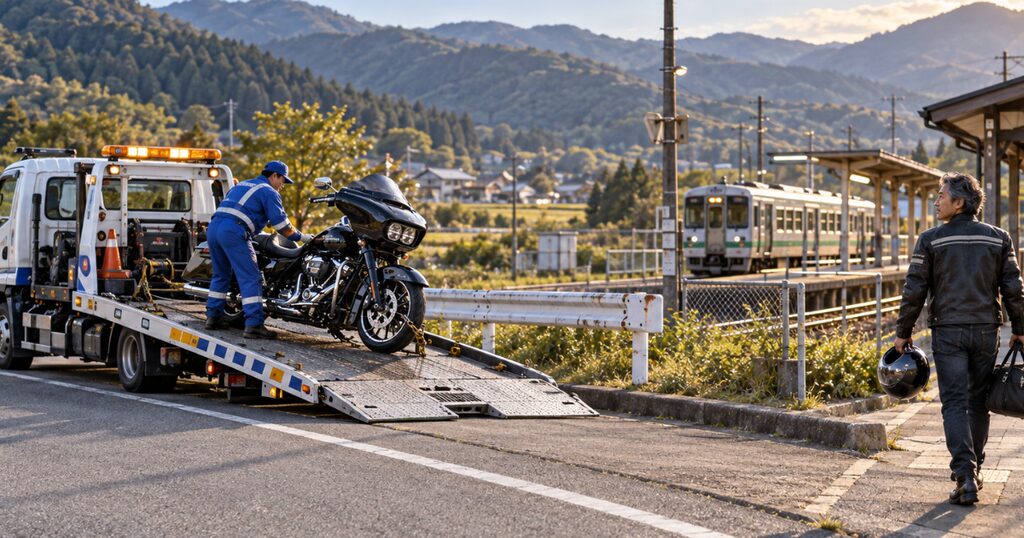 遠方で故障し、レッカーに積まれるバイクを背にヘルメットと荷物を持って駅へ向かう50代の日本人ライダー