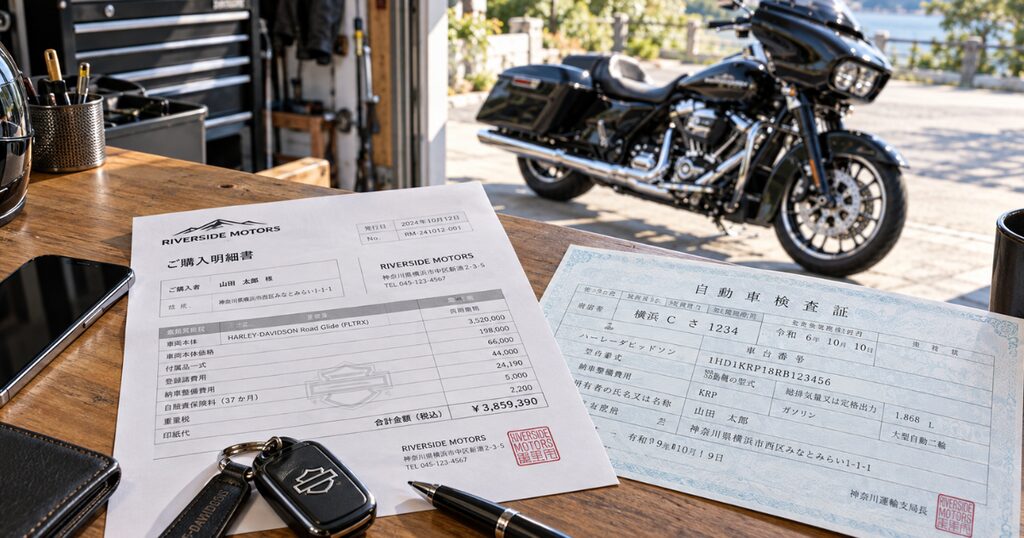 盗難保険の申込みに備えて机に用意したバイクの購入明細、登録証、スマートフォンと車両キー