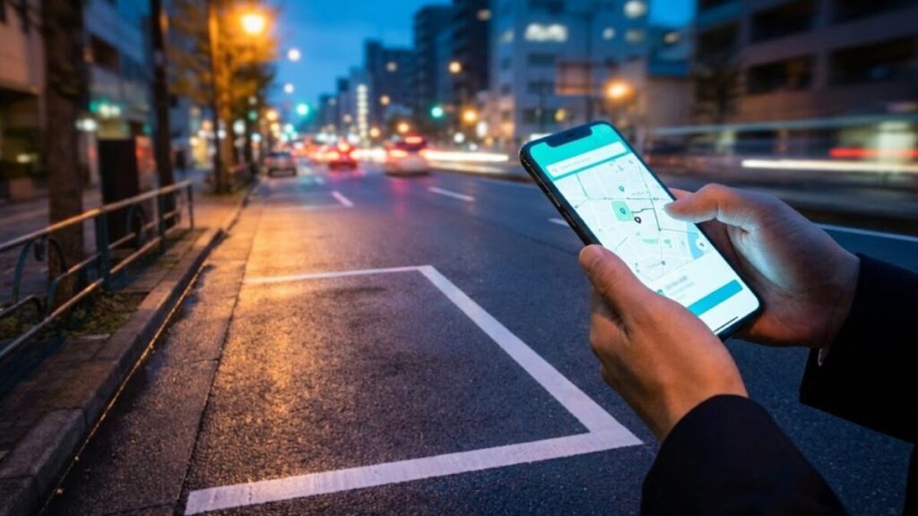 薄暗い街中でスマートフォンを持ち、連絡や手続きを進めようとしている手元の風景。ZuttoRide Clubの盗難保険利用時の手順イメージです。