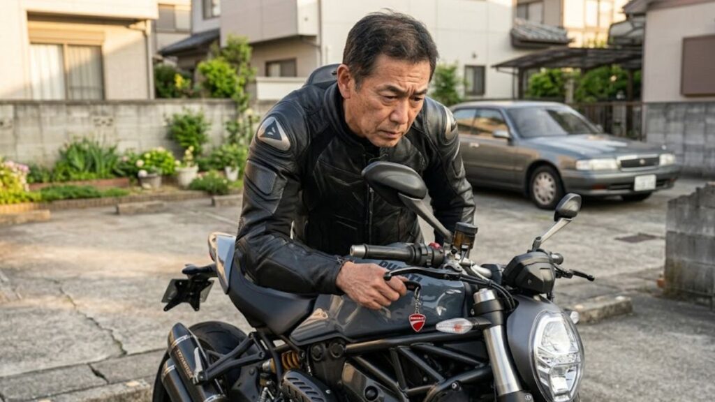 ZuttoRide Clubで備えたい鍵穴へのいたずらを想定し、被害箇所を確認する60代の日本人ベテランライダー。日常に潜むリスクと、その対策の重要性を伝えます。