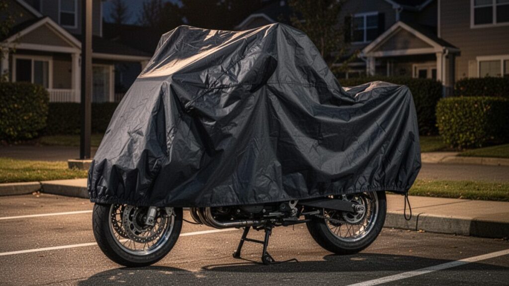 夜間の屋外駐輪場で厚手のカバーをかけられ、しっかりと保管されたバイクの風景。ZuttoRide Clubの盗難保険と併用したい防犯対策のイメージです。