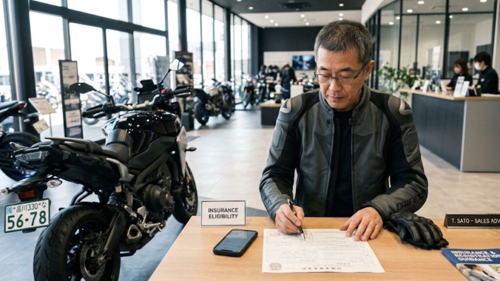 ZuttoRide Clubの加入タイミングを確認するため、バイクの横で登録書類をチェックする50代の男性。条件を満たすための準備をイメージした一枚。