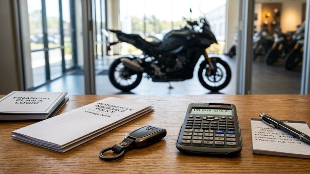 ZuttoRide Clubの盗難保険における自己負担金の計算をイメージし、デスクに置かれたバイクのキーと電卓を写した静止画。