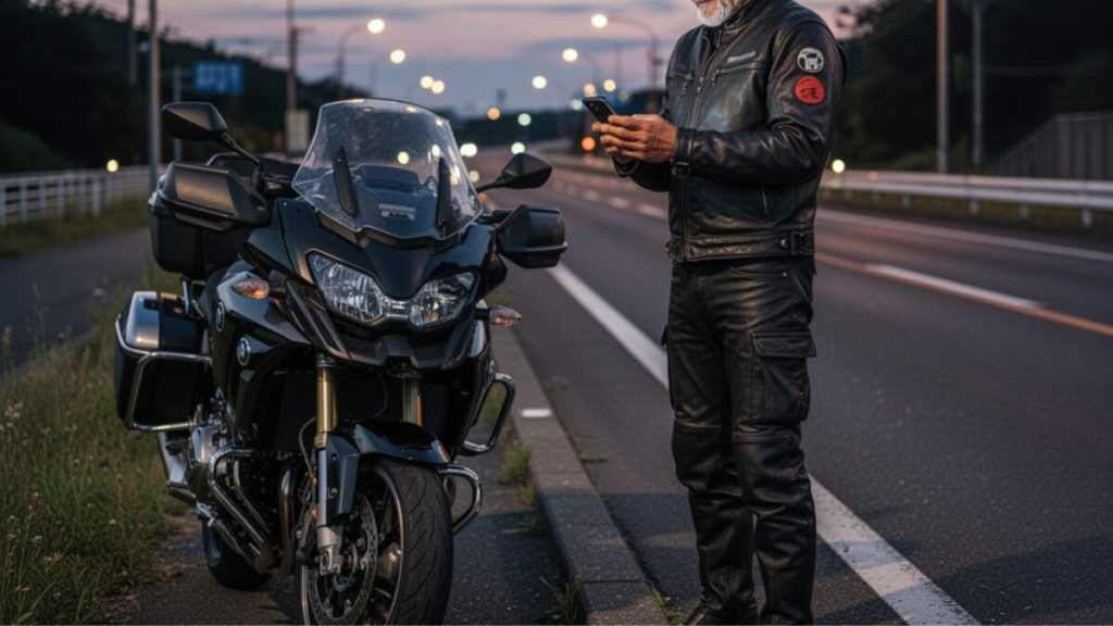 夕暮れの路肩にバイクを停め、スマートフォンを見る50代の日本人ライダー。ZuttoRide Clubの盗難保険のロードサービスが必要な場面のイメージです。