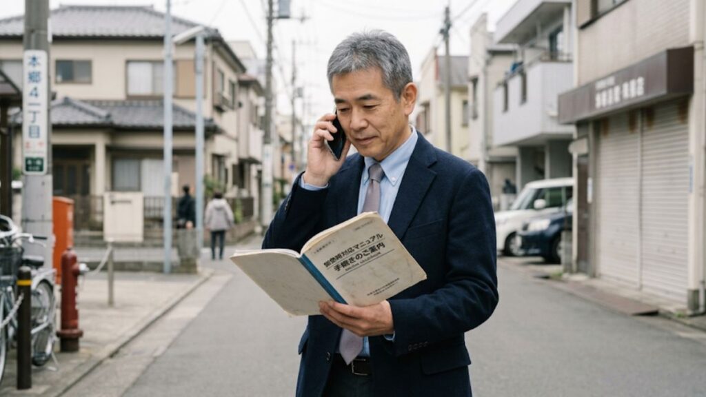 万が一の事態に備え、ZuttoRide Clubへの連絡手順を確認しながら落ち着いて電話をかける60代の男性ライダー。冷静な事後対応を表現しています。