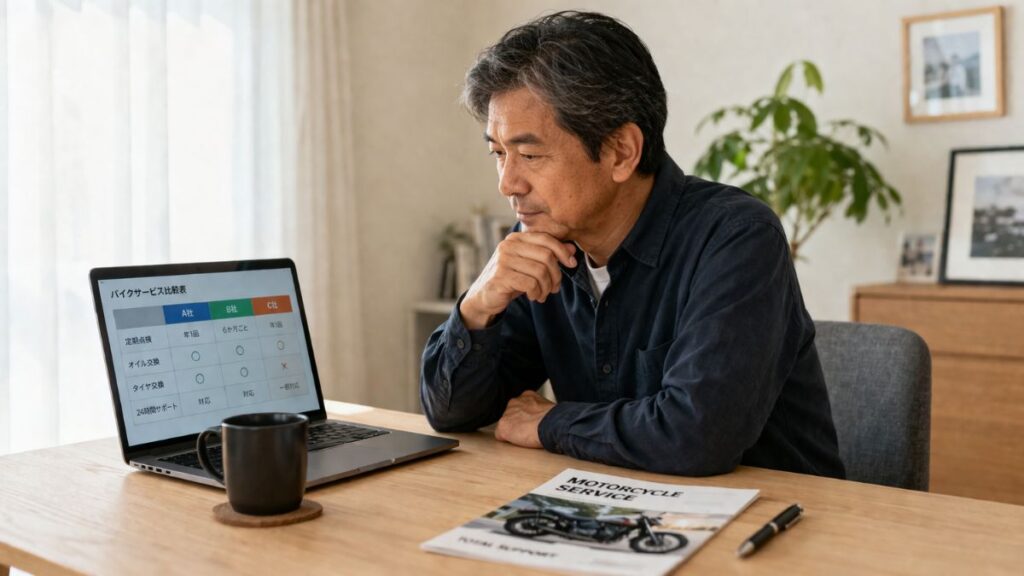 バイク買取はどこがいいか？おすすめの情報を探すため、50代の男性が自宅でパソコンを使いながら真剣に比較検討している様子です。